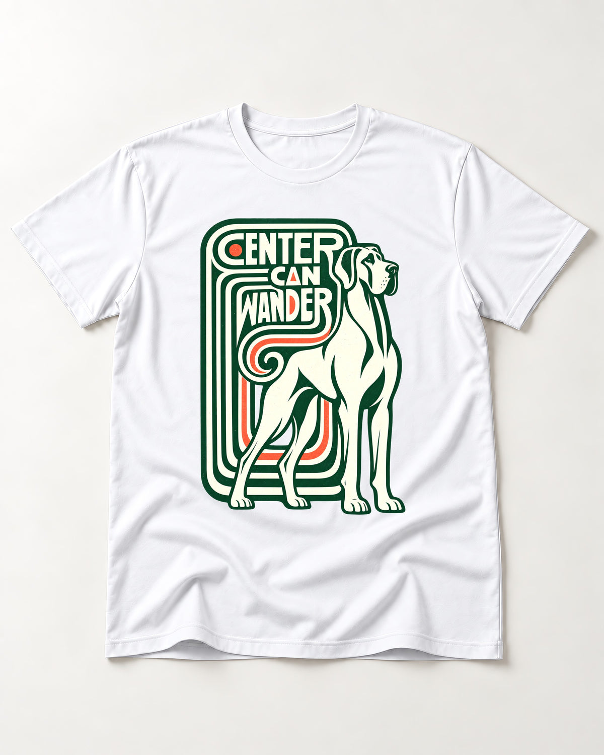 Great Dane Center Can Wander T-Shirt in White, flat lay product photo