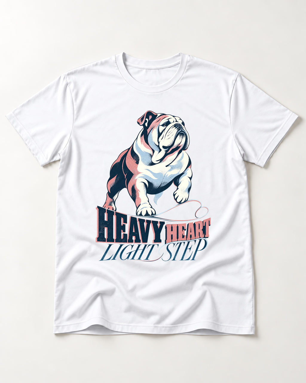 Heavy Heart Light Step English Bulldog T-Shirt in White, flat lay product photo