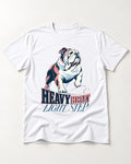 Heavy Heart Light Step English Bulldog T-Shirt in White, flat lay product photo
