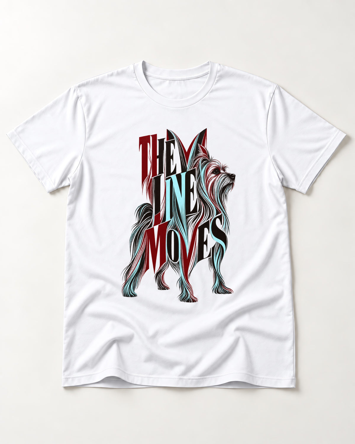 The One Moves Yorkshire Terrier T-Shirt in White, flat lay product photo