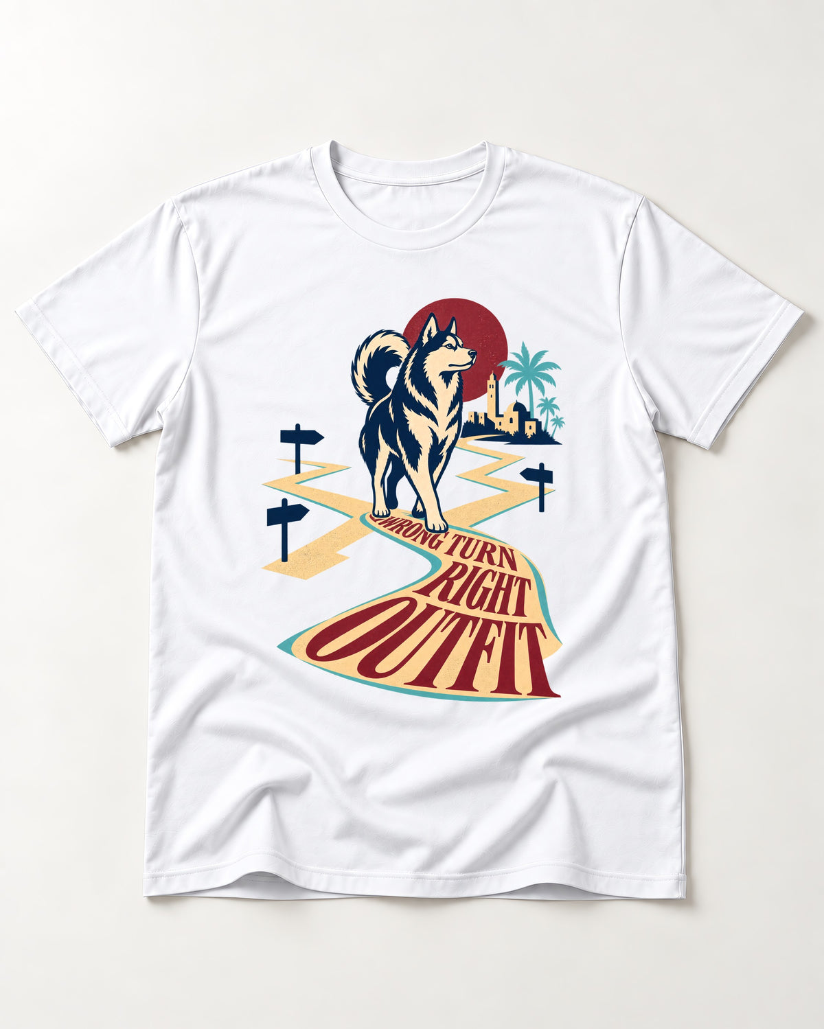 Wrong Turn Right Outfit Husky T-Shirt in White, flat lay product photo