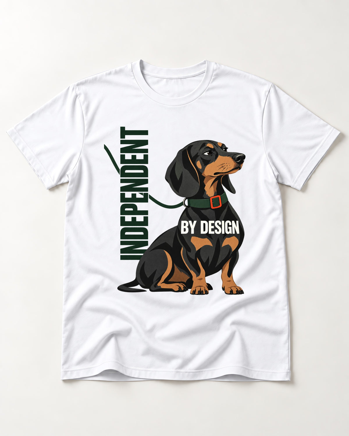 Independent Dachshund T-Shirt in White, flat lay product photo