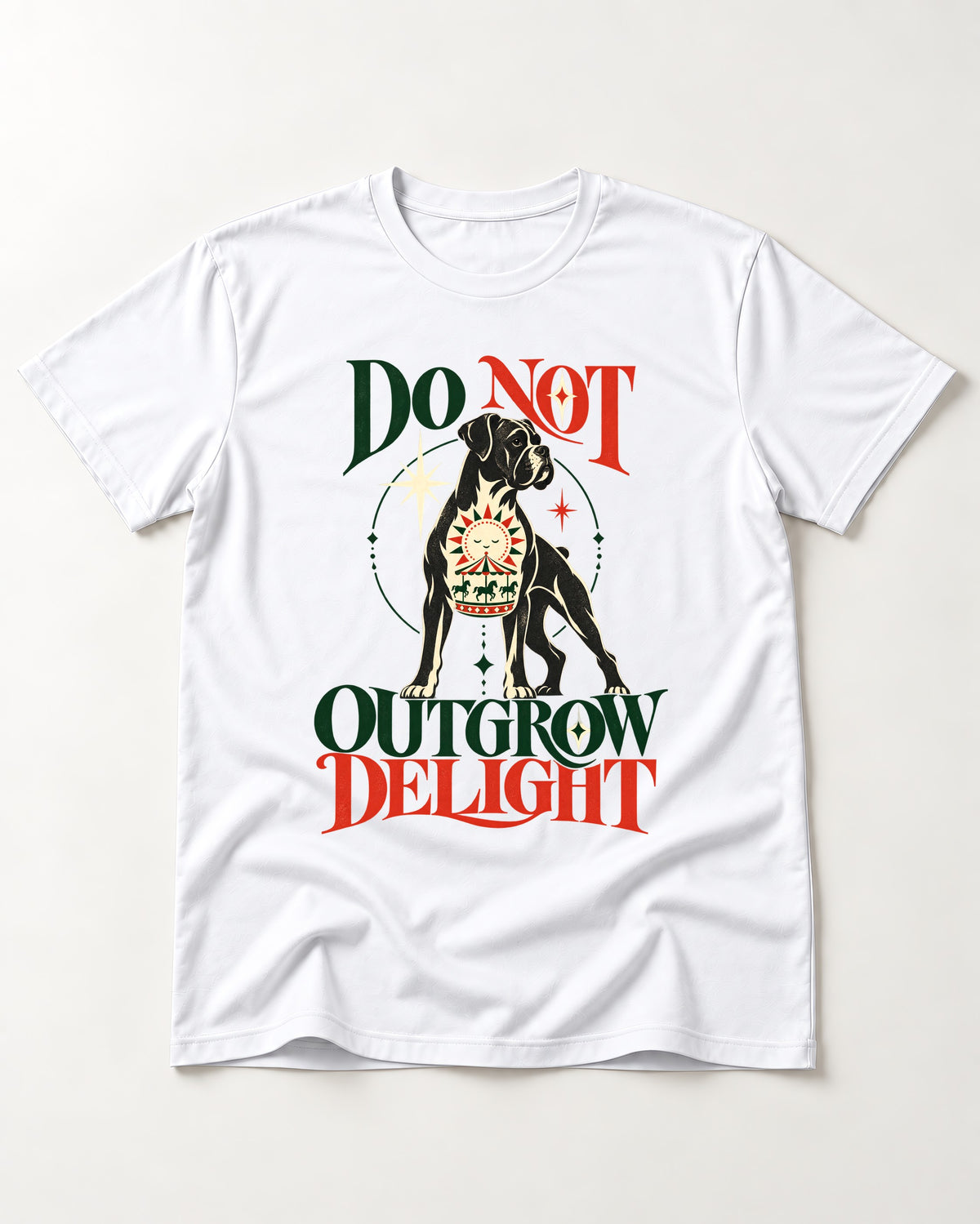 Boxer Do Not Outgrow Delight T-Shirt in White, flat lay product photo
