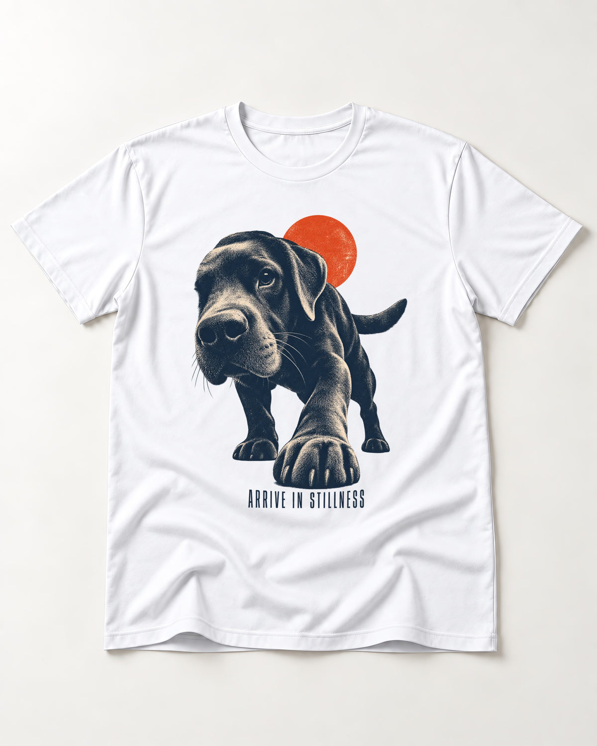 Labrador Retriever Arrive in Stillness T-Shirt in White, flat lay product photo