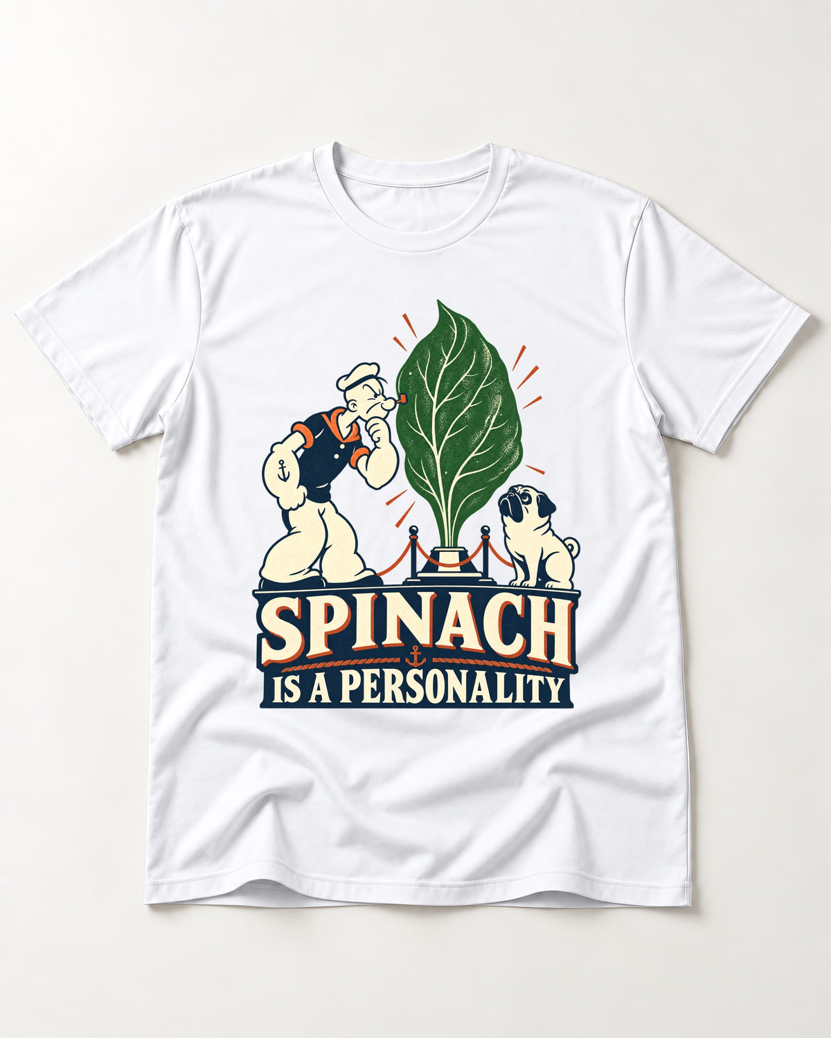Pug Spinach Is a Personality T-Shirt in White, flat lay product photo