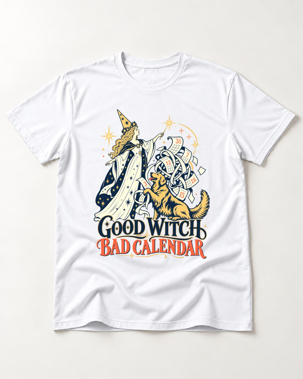 Good Witch Bad Calendar Golden Retriever T-Shirt in White, flat lay product photo