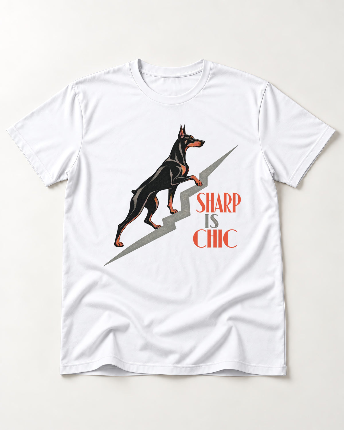 Doberman Is Chic T-Shirt in White, flat lay product photo