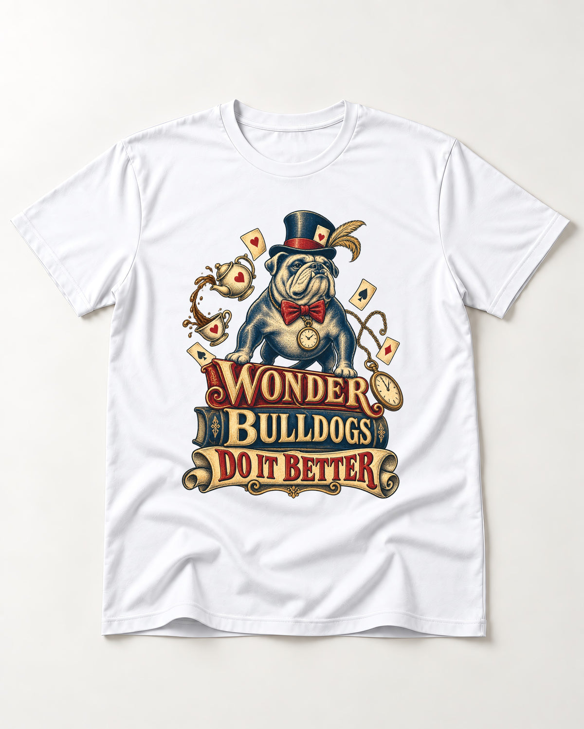 Wonder English Bulldog T-Shirt in White, flat lay product photo