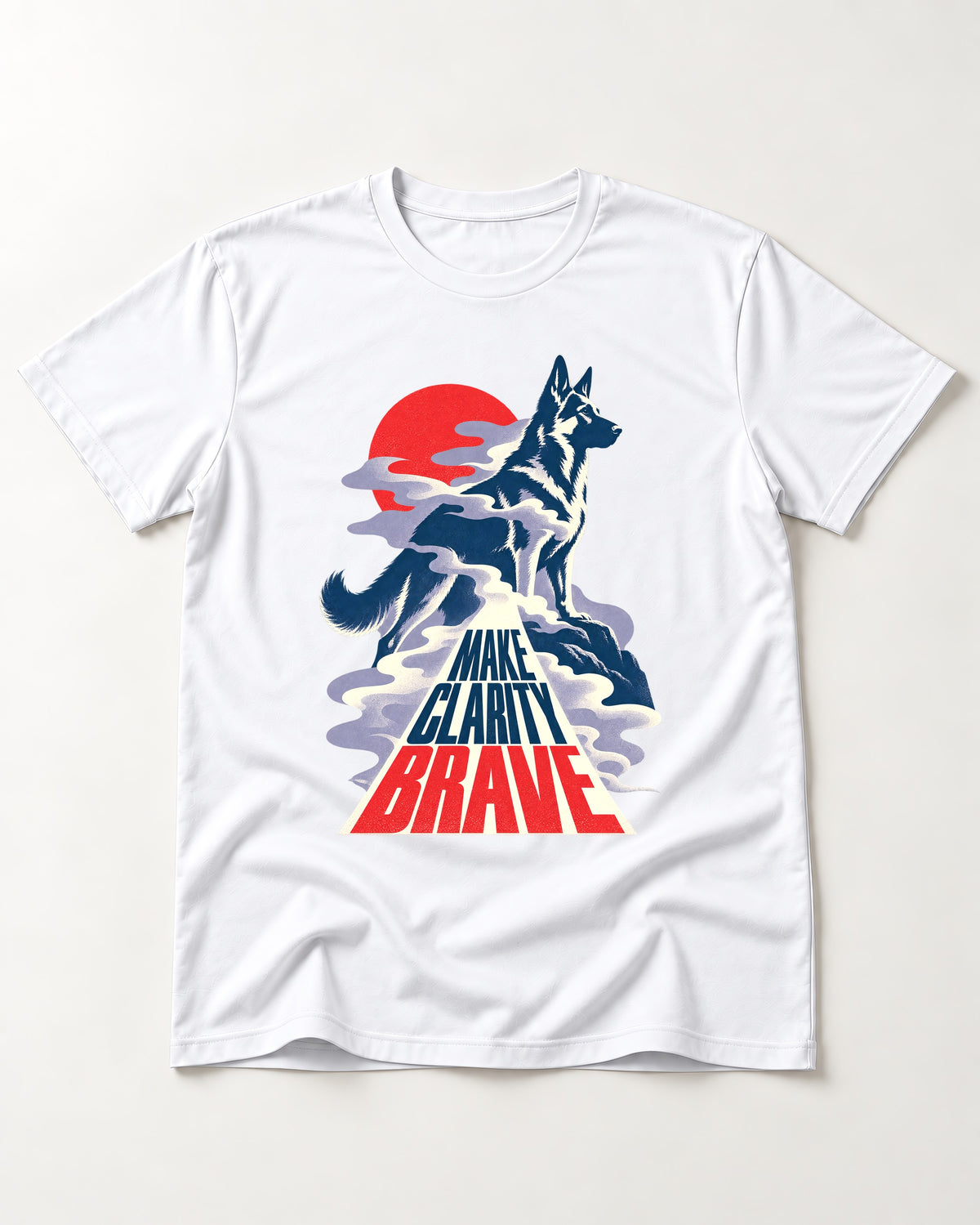 Make Clarity Brave Mountain German Shepherd Dog Graphic T-Shirt in White, flat lay product photo