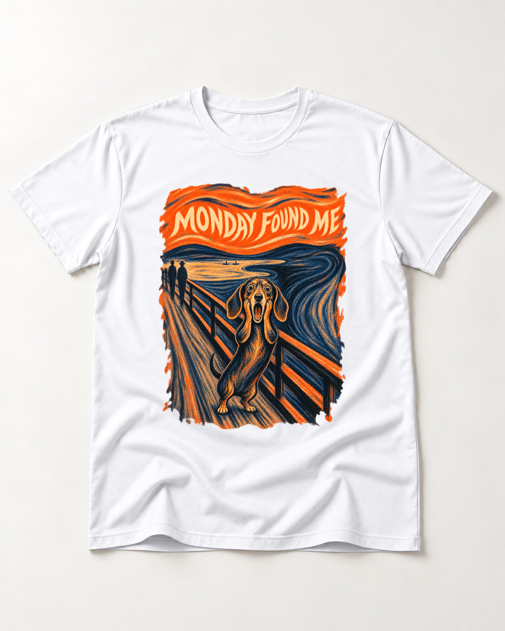 Dachshund Monday Found Me Scream Poster T-Shirt in White, flat lay product photo