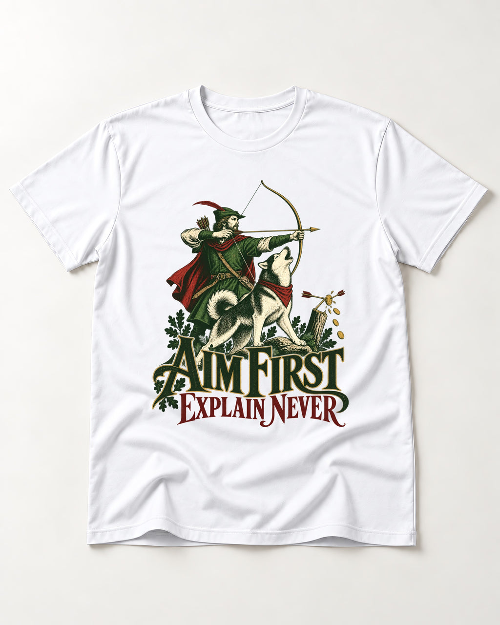 Husky Aim First Explain Never T-Shirt in White, flat lay product photo