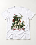 Husky Aim First Explain Never T-Shirt in White, flat lay product photo