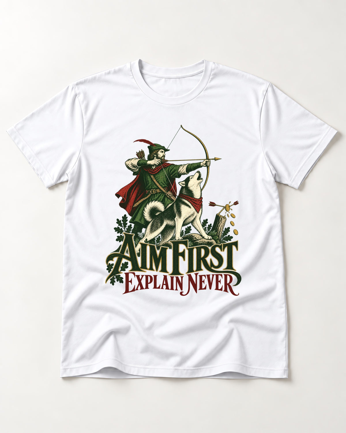 Husky Aim First Explain Never T-Shirt in White, flat lay product photo
