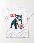 English Bulldog Out of Line T-Shirt in White, flat lay product photo