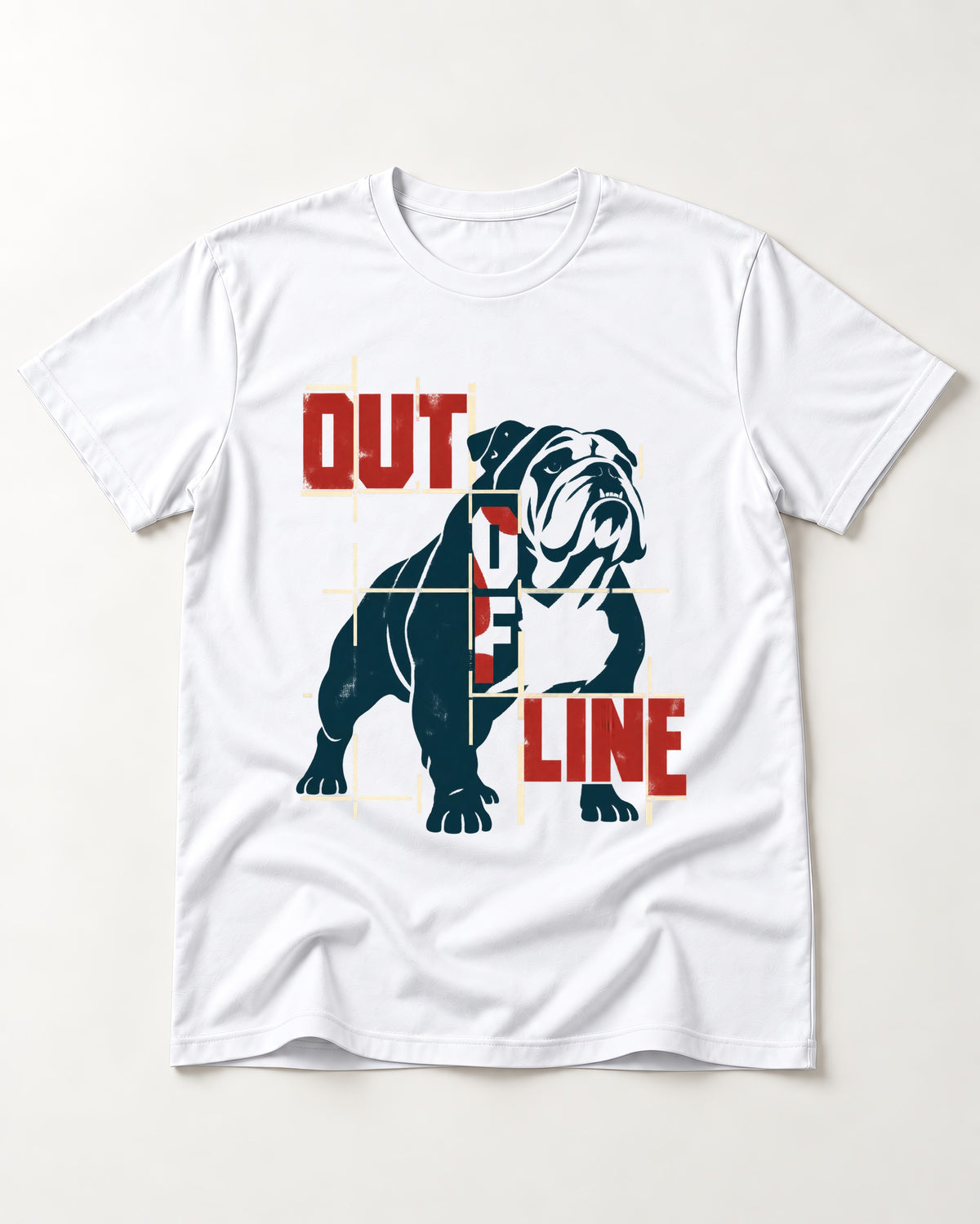 English Bulldog Out of Line T-Shirt in White, flat lay product photo