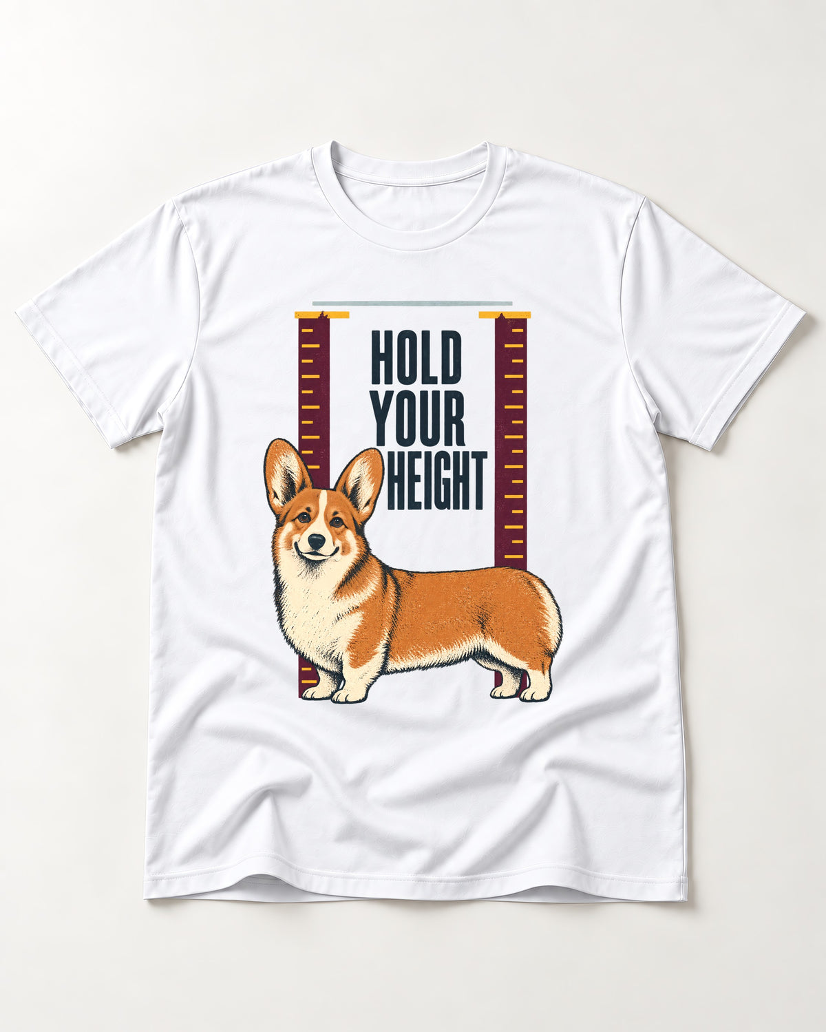 Corgi Hold Your Height T-Shirt in White, flat lay product photo