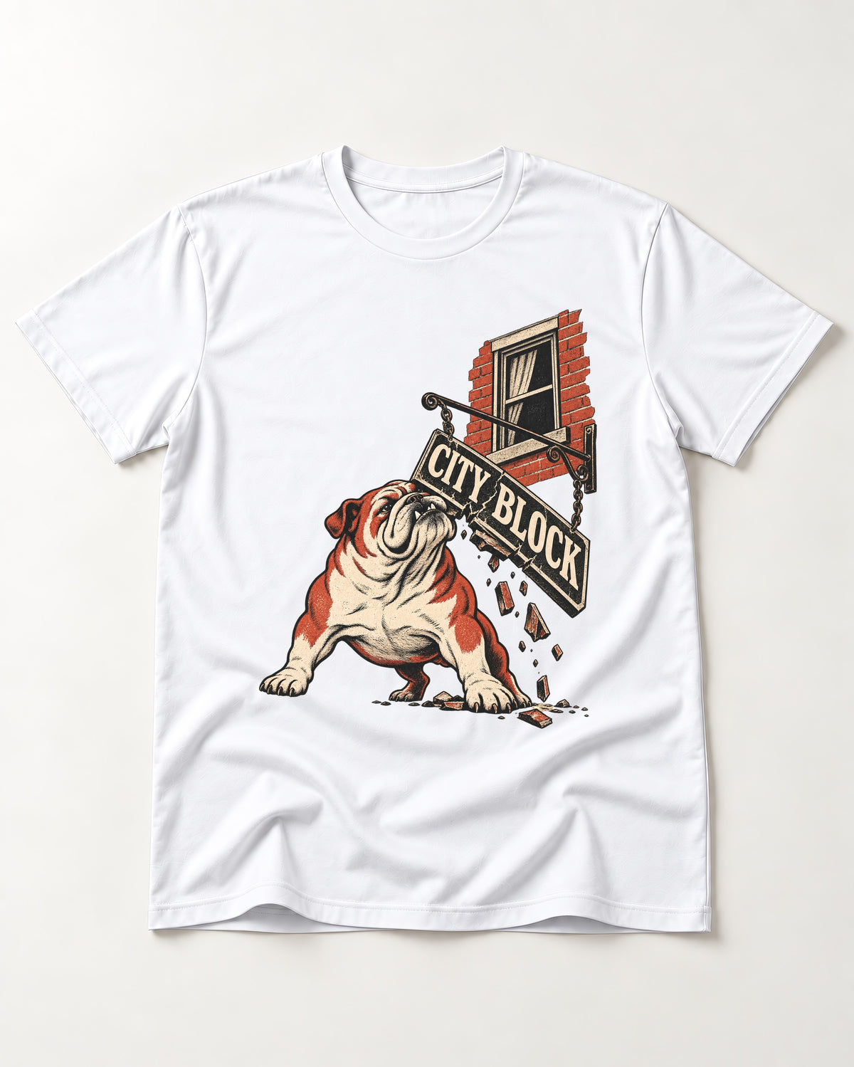 English Bulldog City Block Breaking Sign Graphic T-Shirt in White, flat lay product photo