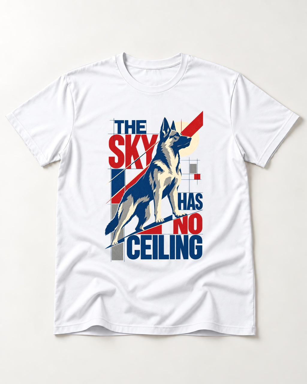 Sky Has No Ceiling German Shepherd Dog T-Shirt in White, flat lay product photo
