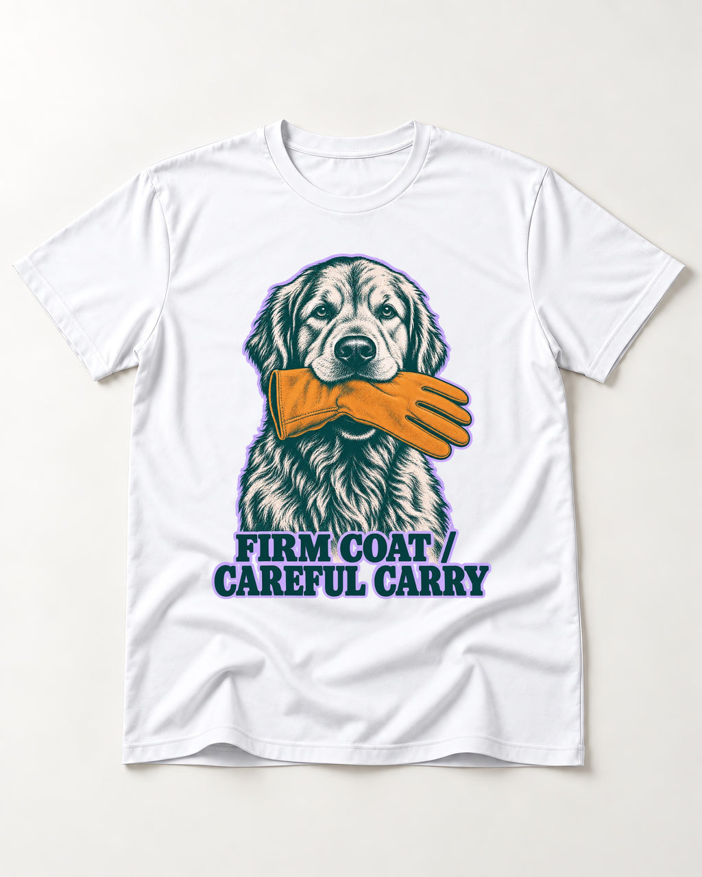 Golden Retriever Firm Coat Careful Carry T-Shirt in White, flat lay product photo