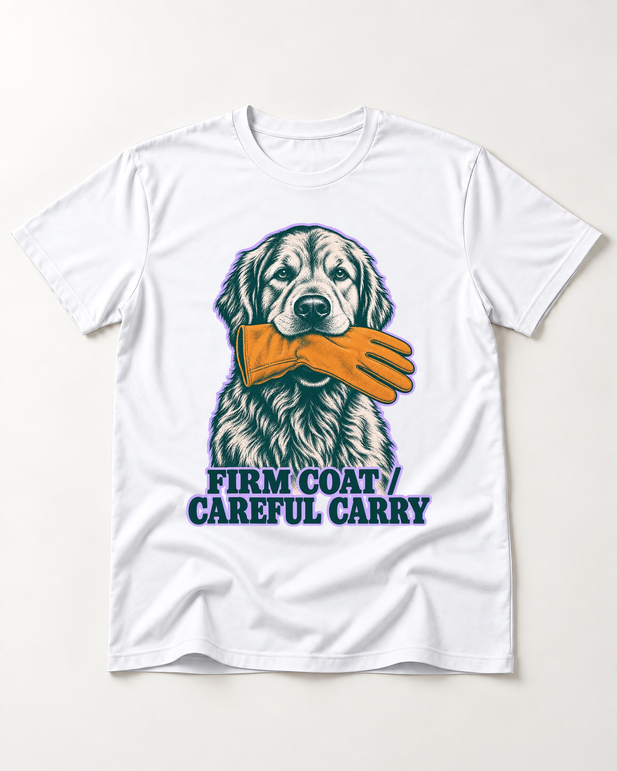 Golden Retriever Firm Coat Careful Carry T-Shirt in White, flat lay product photo