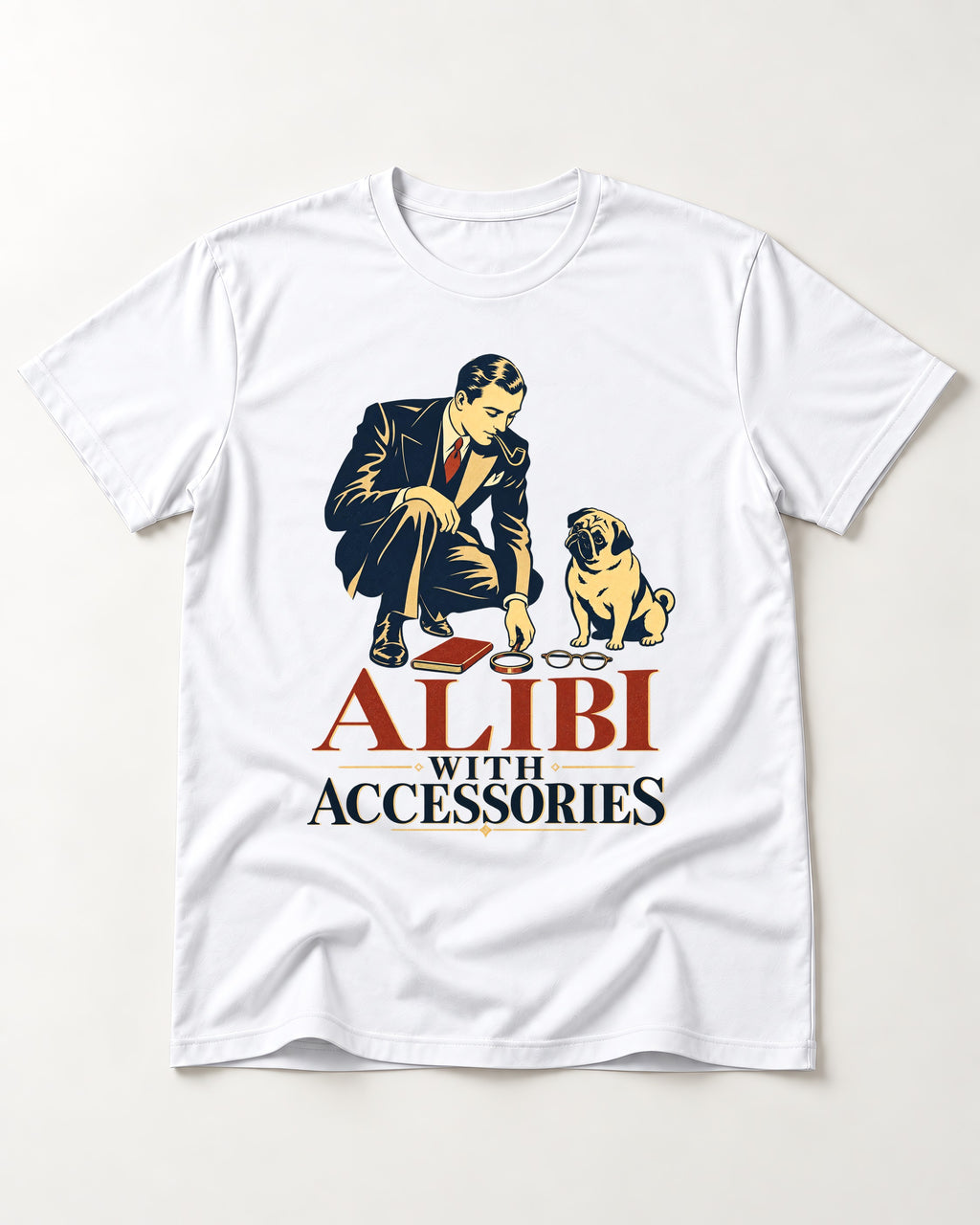 Pug Alibi with Accessories T-Shirt in White, flat lay product photo