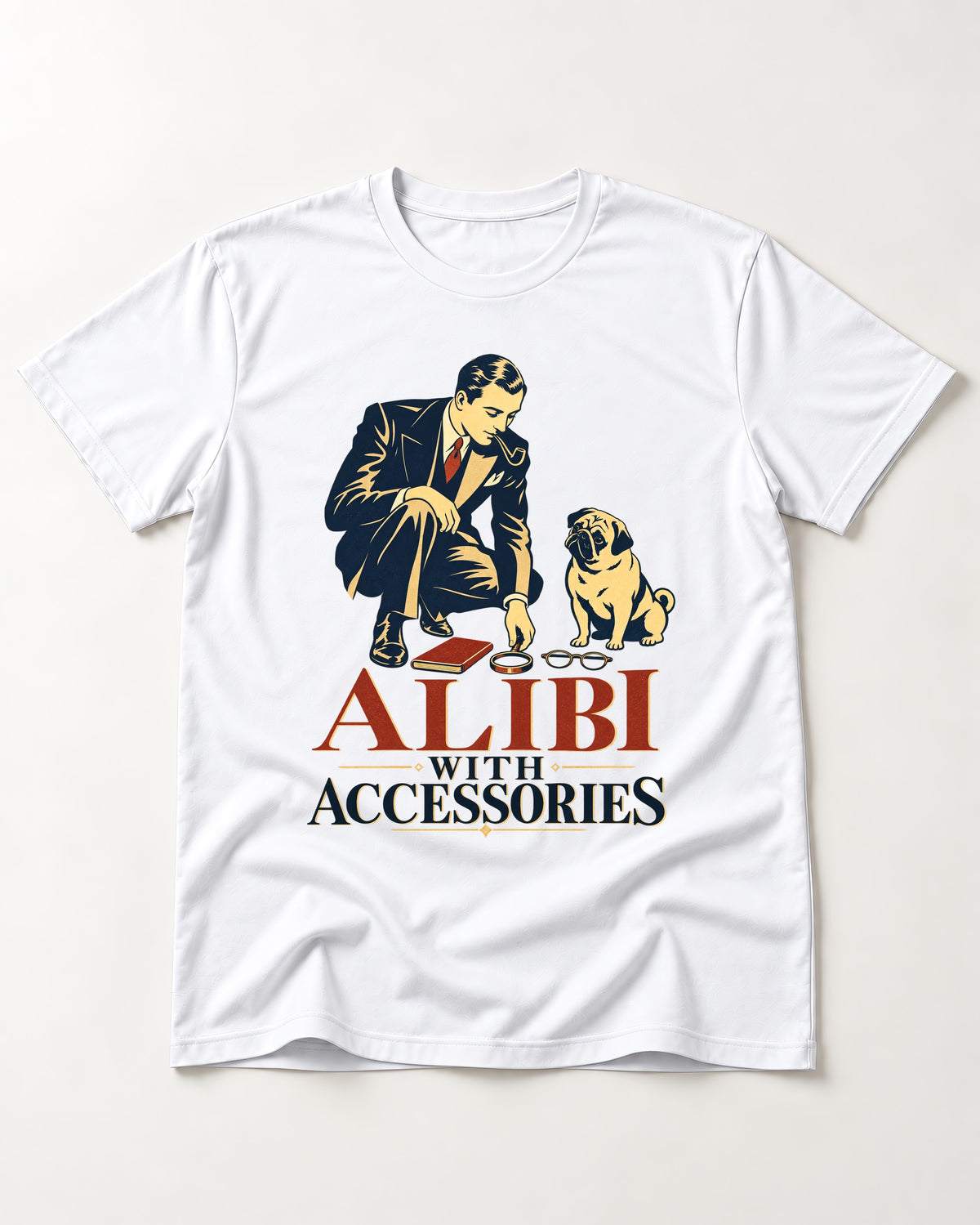 Pug Alibi with Accessories T-Shirt in White, flat lay product photo