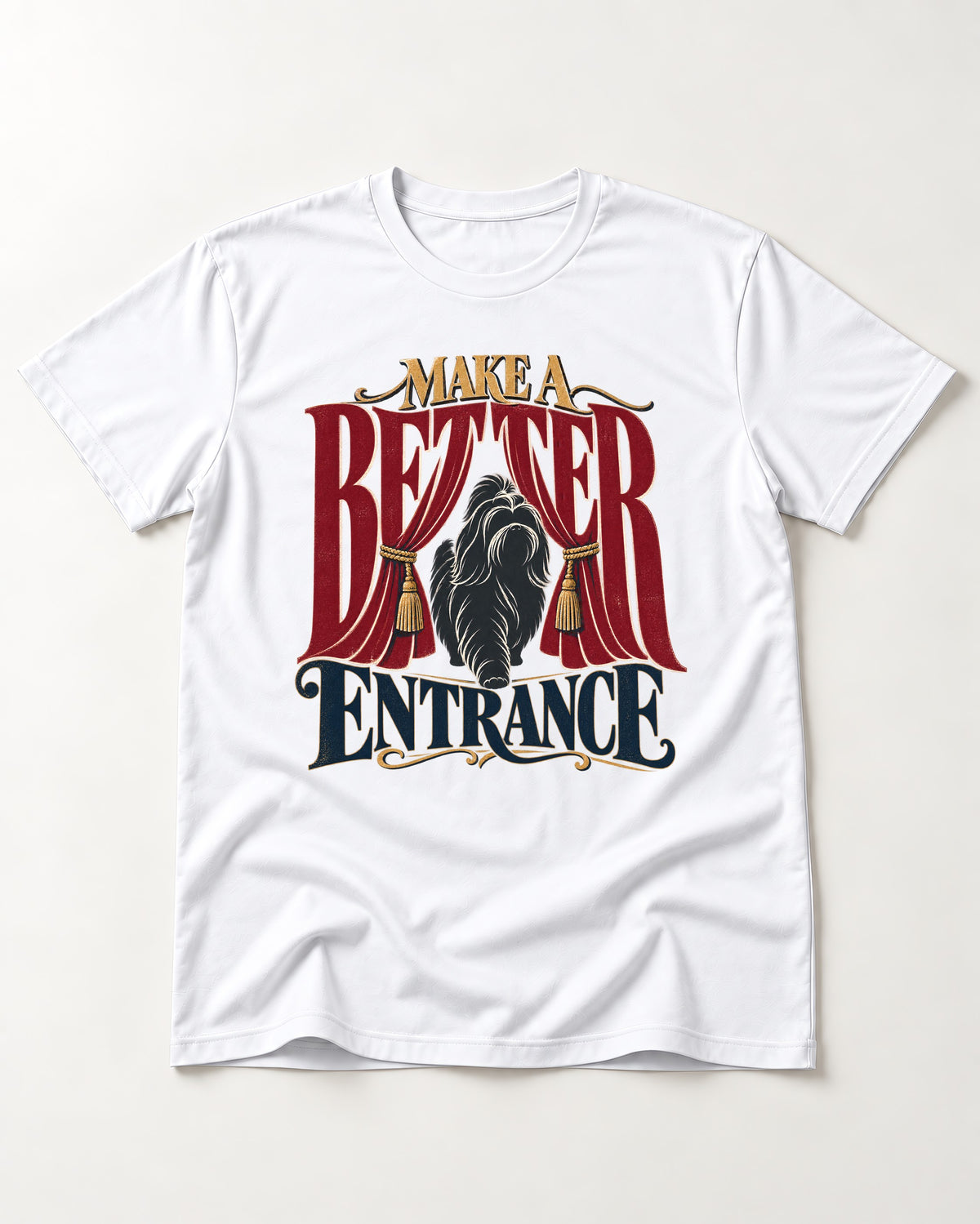 A Better Shih Tzu Entrance T-Shirt in White, flat lay product photo