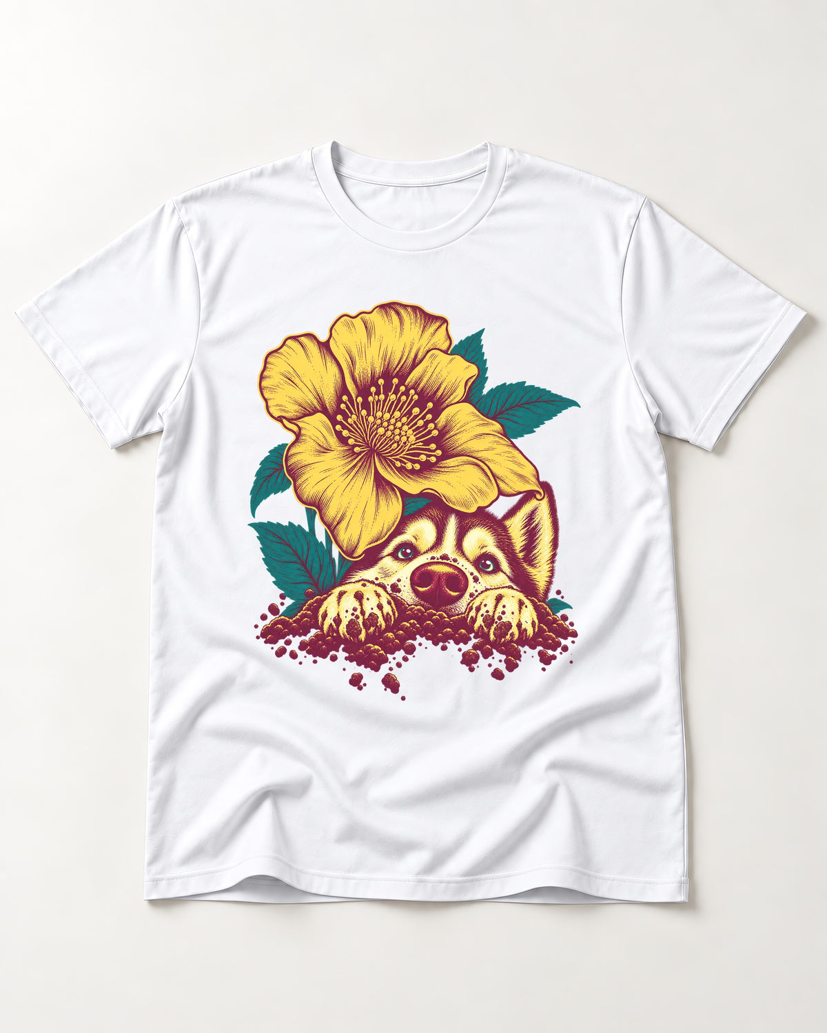 Husky Flower Witness Peeking Floral Graphic T-Shirt in White, flat lay product photo