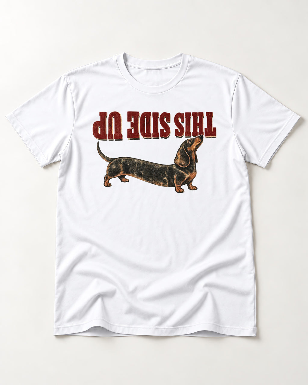This Side Up Dachshund T-Shirt in White, flat lay product photo
