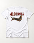 This Side Up Dachshund T-Shirt in White, flat lay product photo