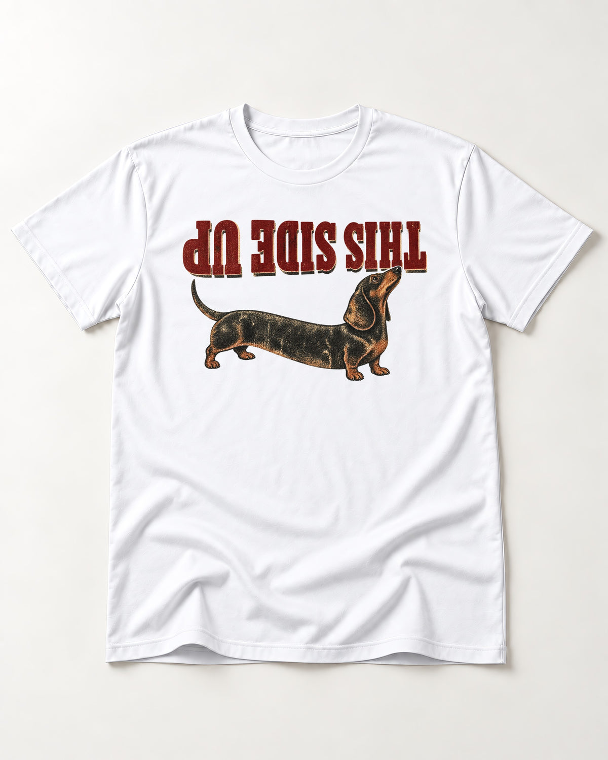 This Side Up Dachshund T-Shirt in White, flat lay product photo