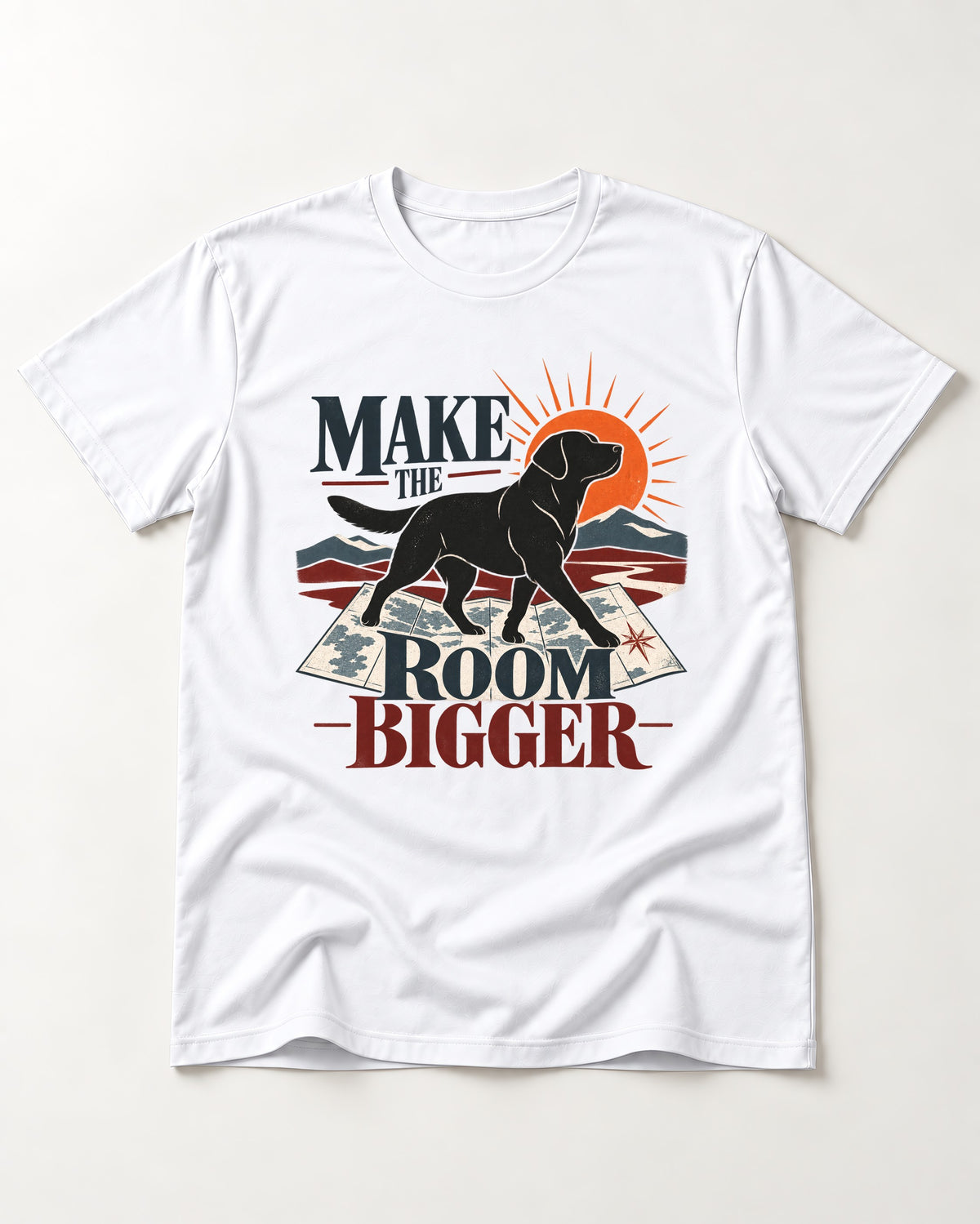 Make the Room Bigger Labrador Retriever T-Shirt in White, flat lay product photo