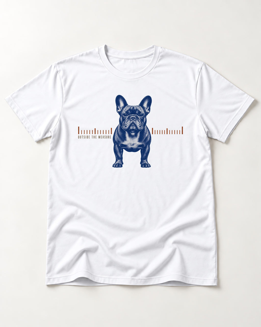 Frenchie Outside the Measure T-Shirt in White, flat lay product photo