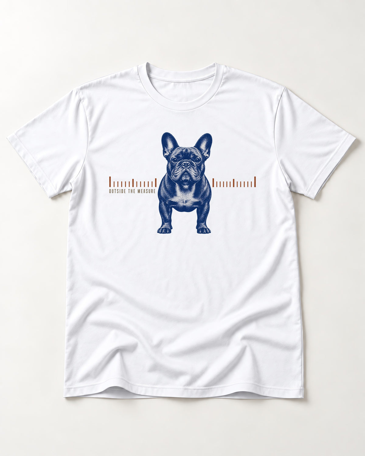 Frenchie Outside the Measure T-Shirt in White, flat lay product photo