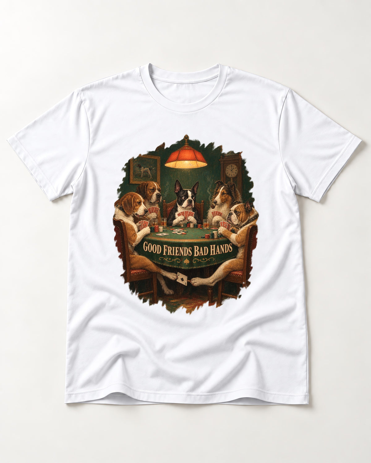 Good Friends Bad Hands Boston Terrier Poker Night T-Shirt in White, flat lay product photo