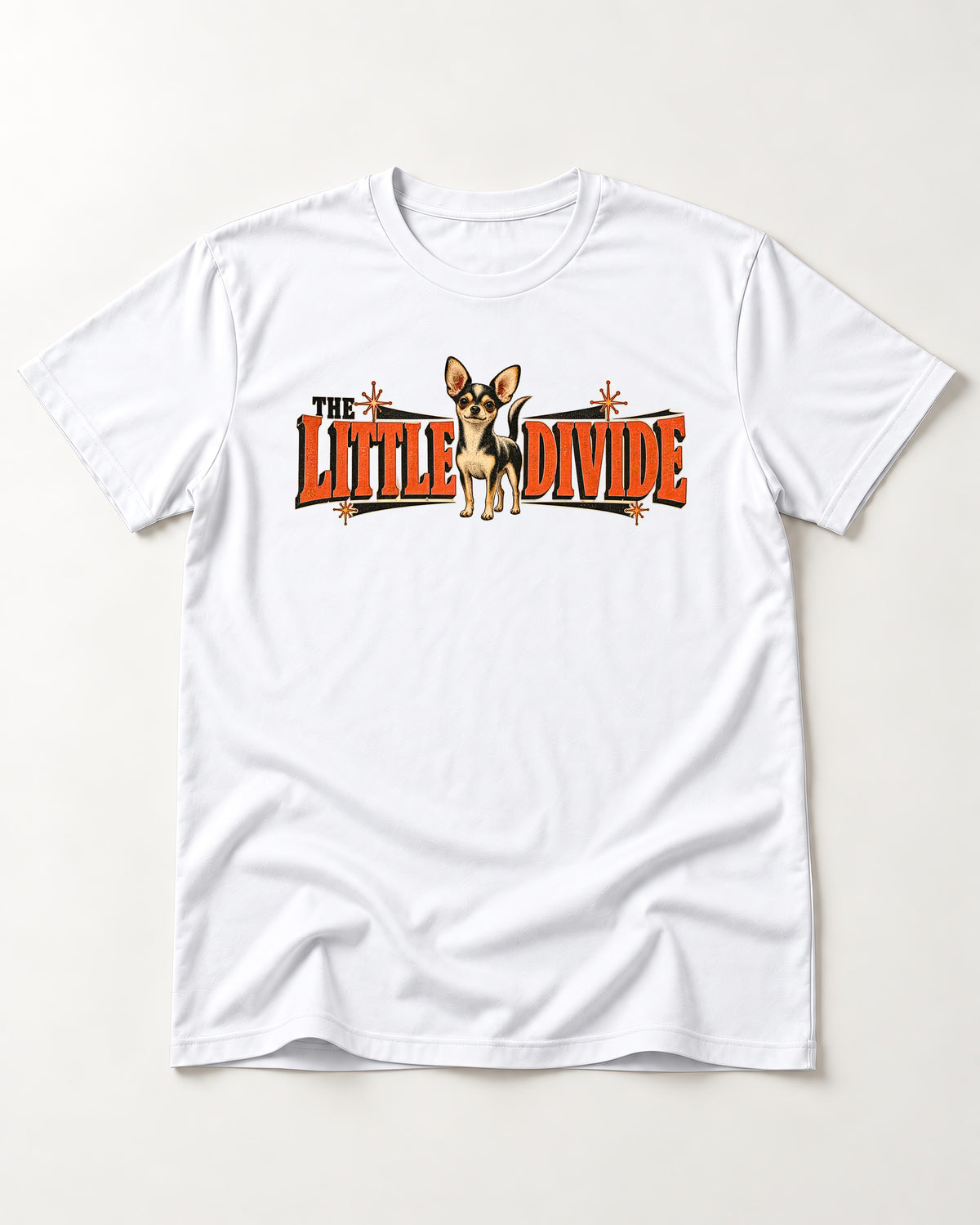 Chihuahua The Little Divide Retro Sign Graphic T-Shirt in White, flat lay product photo