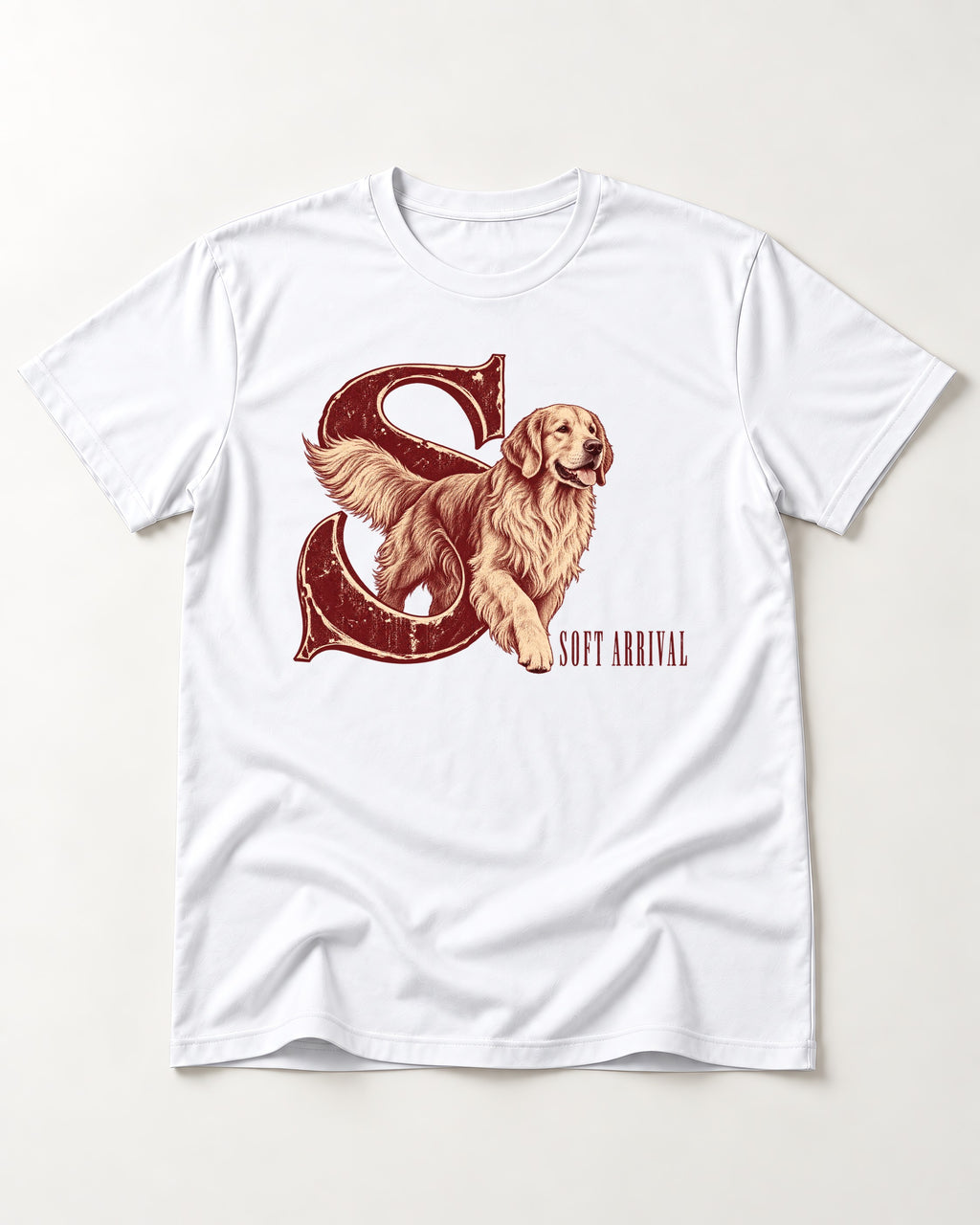 Soft Arrival Golden Retriever T-Shirt in White, flat lay product photo