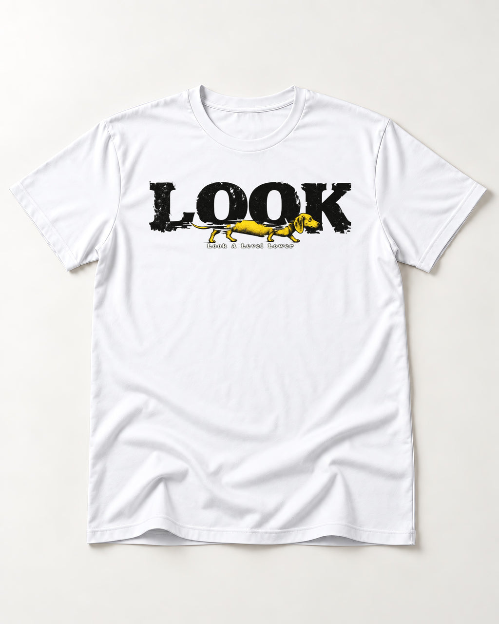 Look Lower for Dachshund T-Shirt in White, flat lay product photo