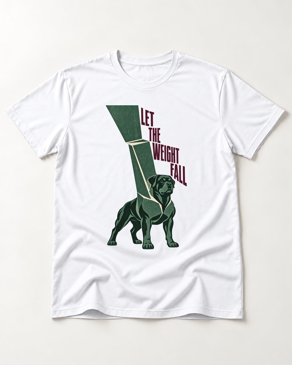 Let the Weight Fall Rottweiler T-Shirt in White, flat lay product photo