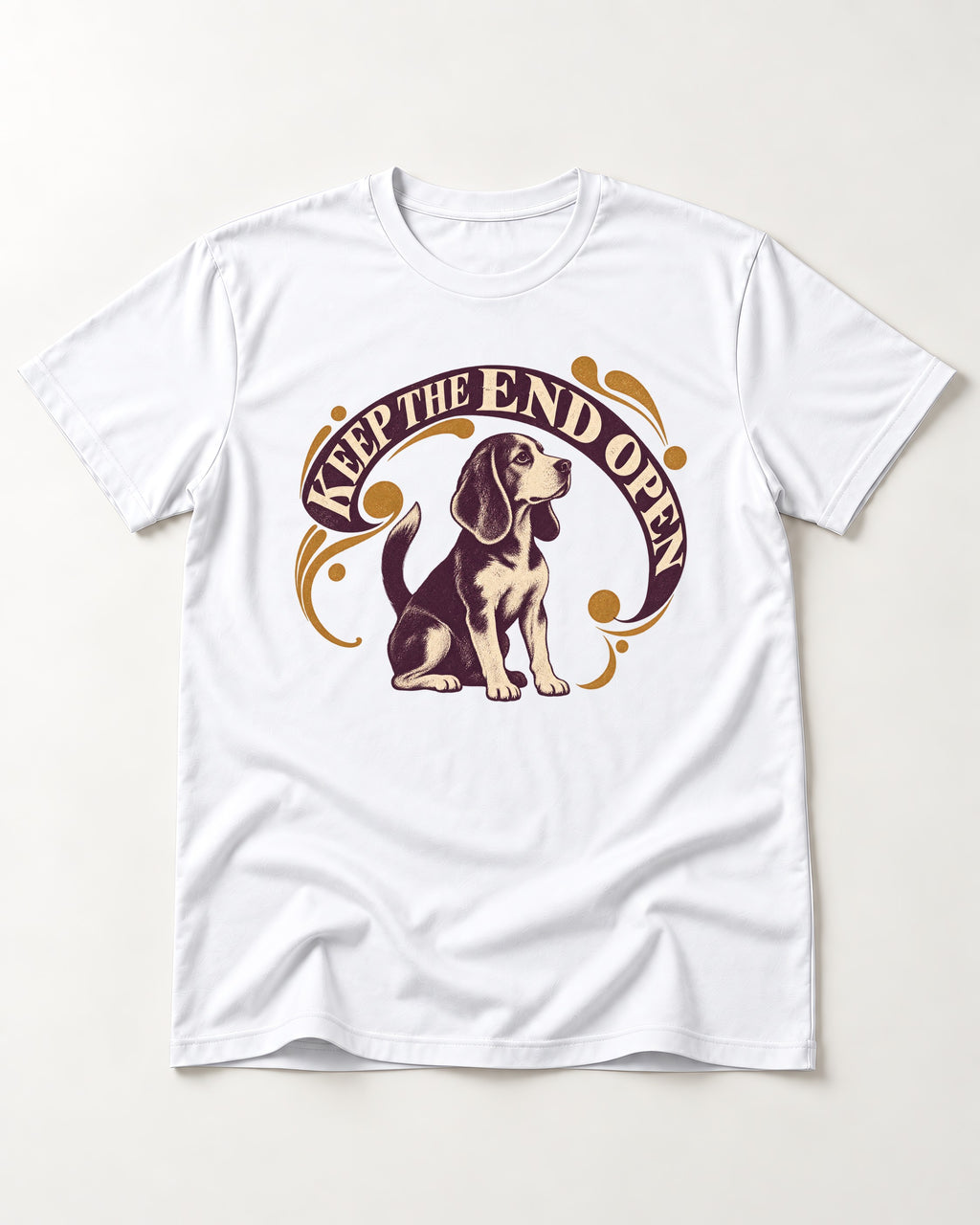 Beagle Keep The End Open Ornamental Graphic T-Shirt in White, flat lay product photo