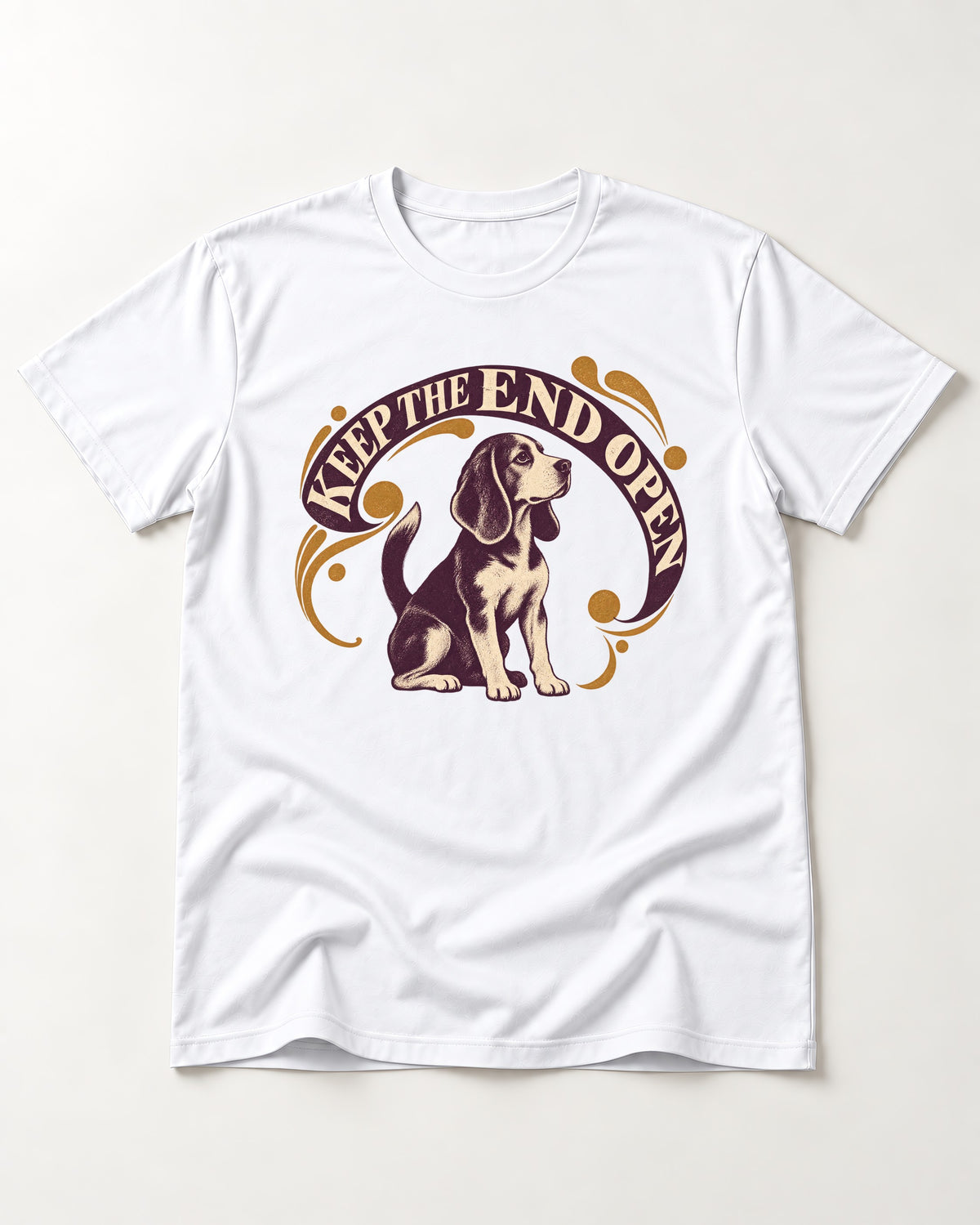 Beagle Keep The End Open Ornamental Graphic T-Shirt in White, flat lay product photo