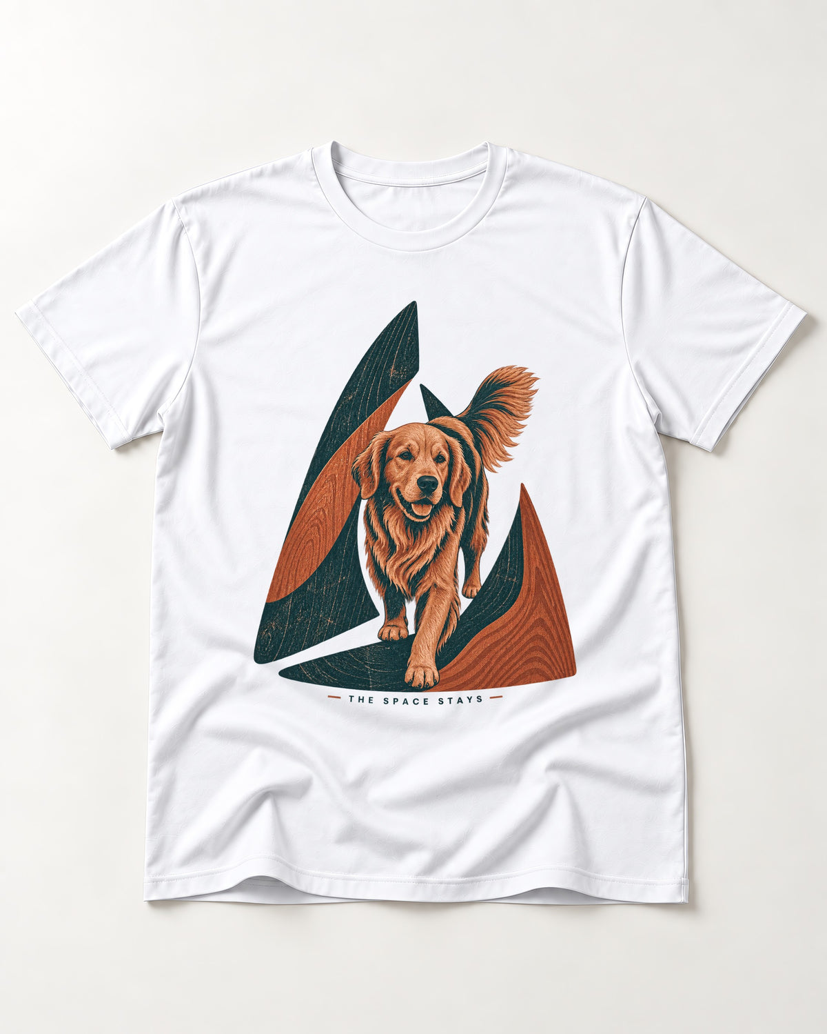 The Golden Retriever Space Stays T-Shirt in White, flat lay product photo