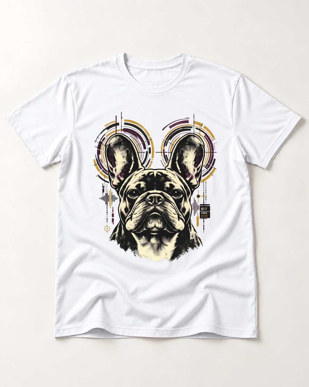 Frenchie Frequency T-Shirt in White, flat lay product photo