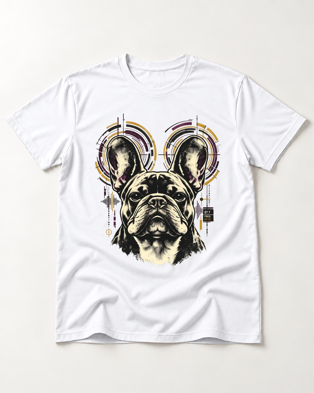 Frenchie Frequency T-Shirt in White, flat lay product photo