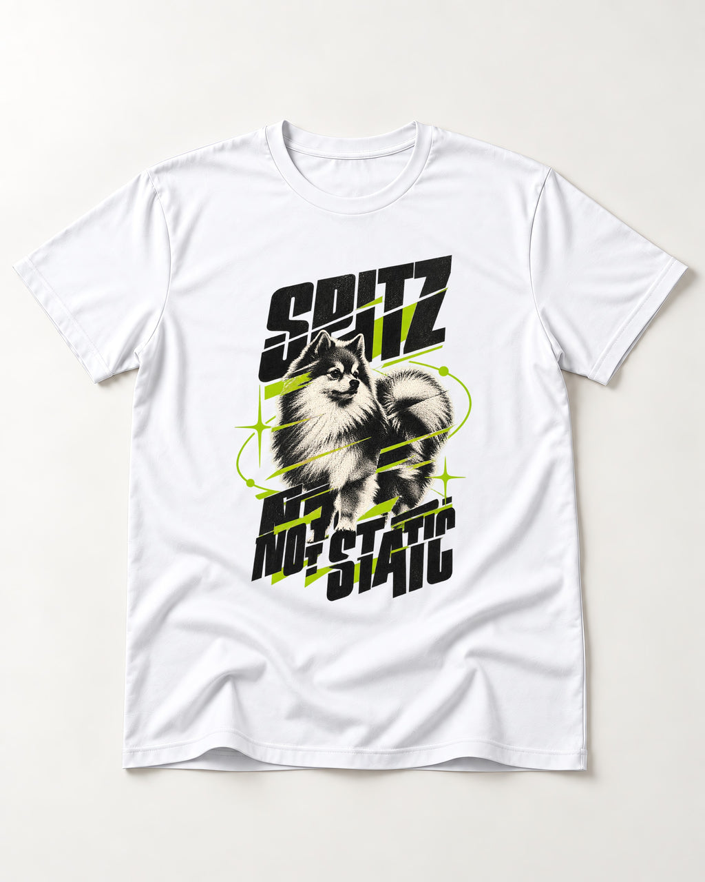 Pomeranian Not Static T-Shirt in White, flat lay product photo