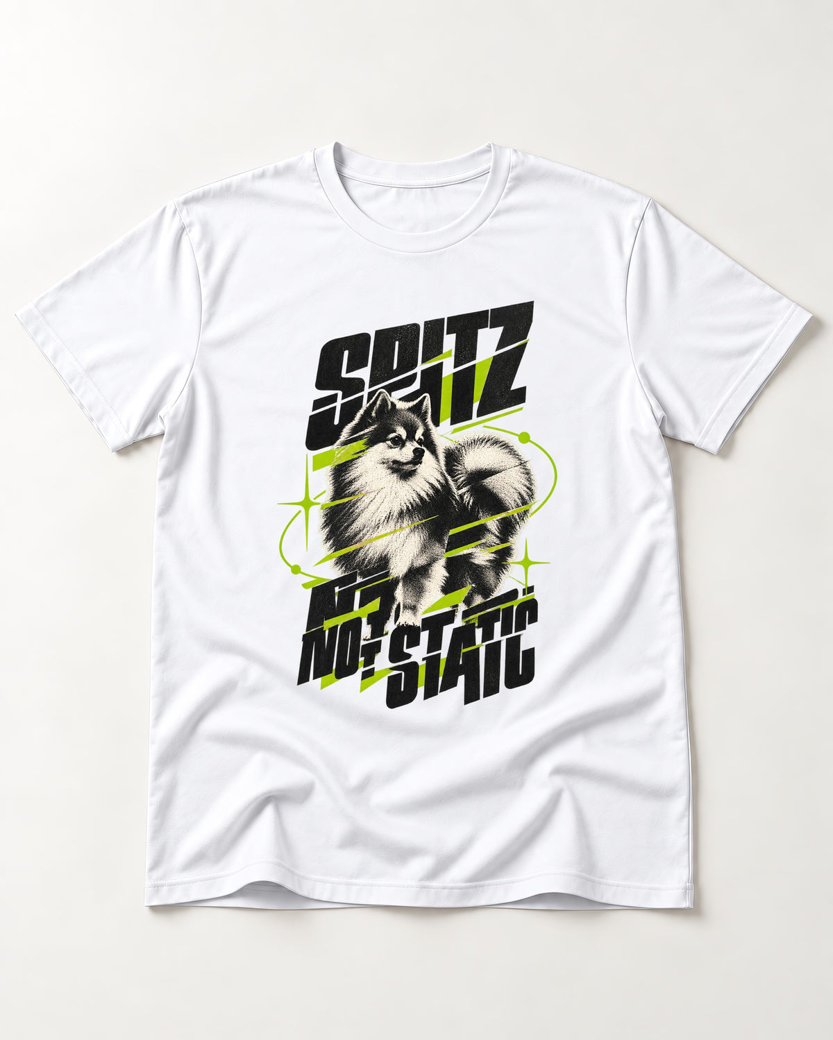 Pomeranian Not Static T-Shirt in White, flat lay product photo