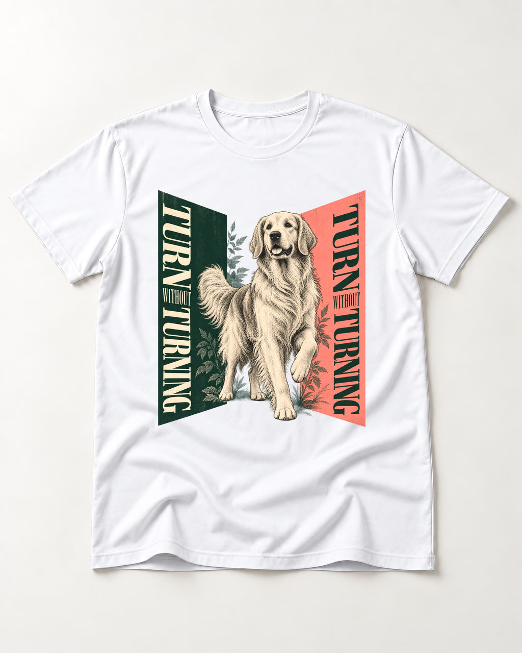 Golden Retriever Turn Without Turning Gateway Graphic T-Shirt in White, flat lay product photo