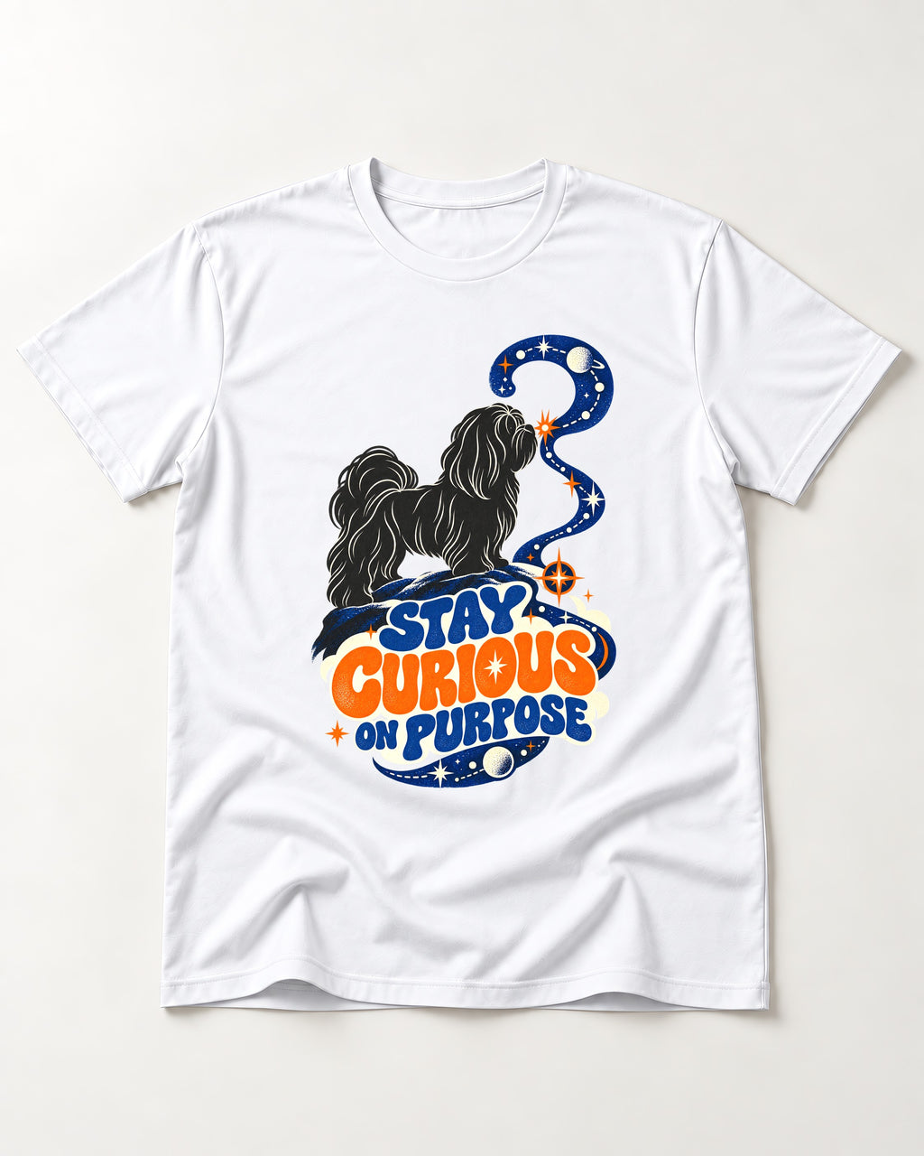 Stay Curious on Purpose Shih Tzu T-Shirt in White, flat lay product photo