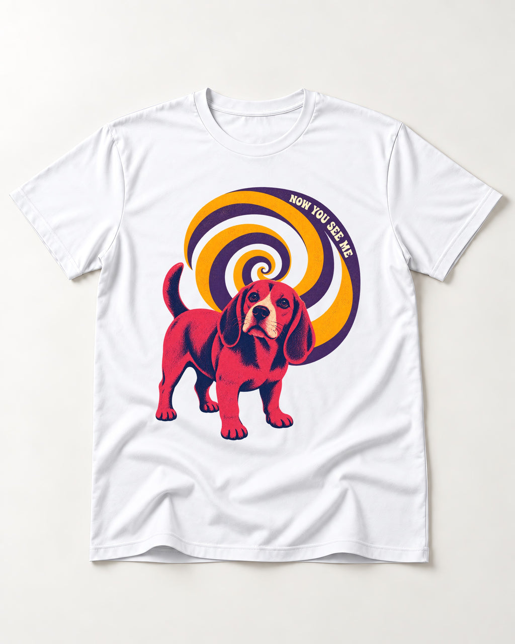 Now You See Me Beagle Spiral T-Shirt in White, flat lay product photo