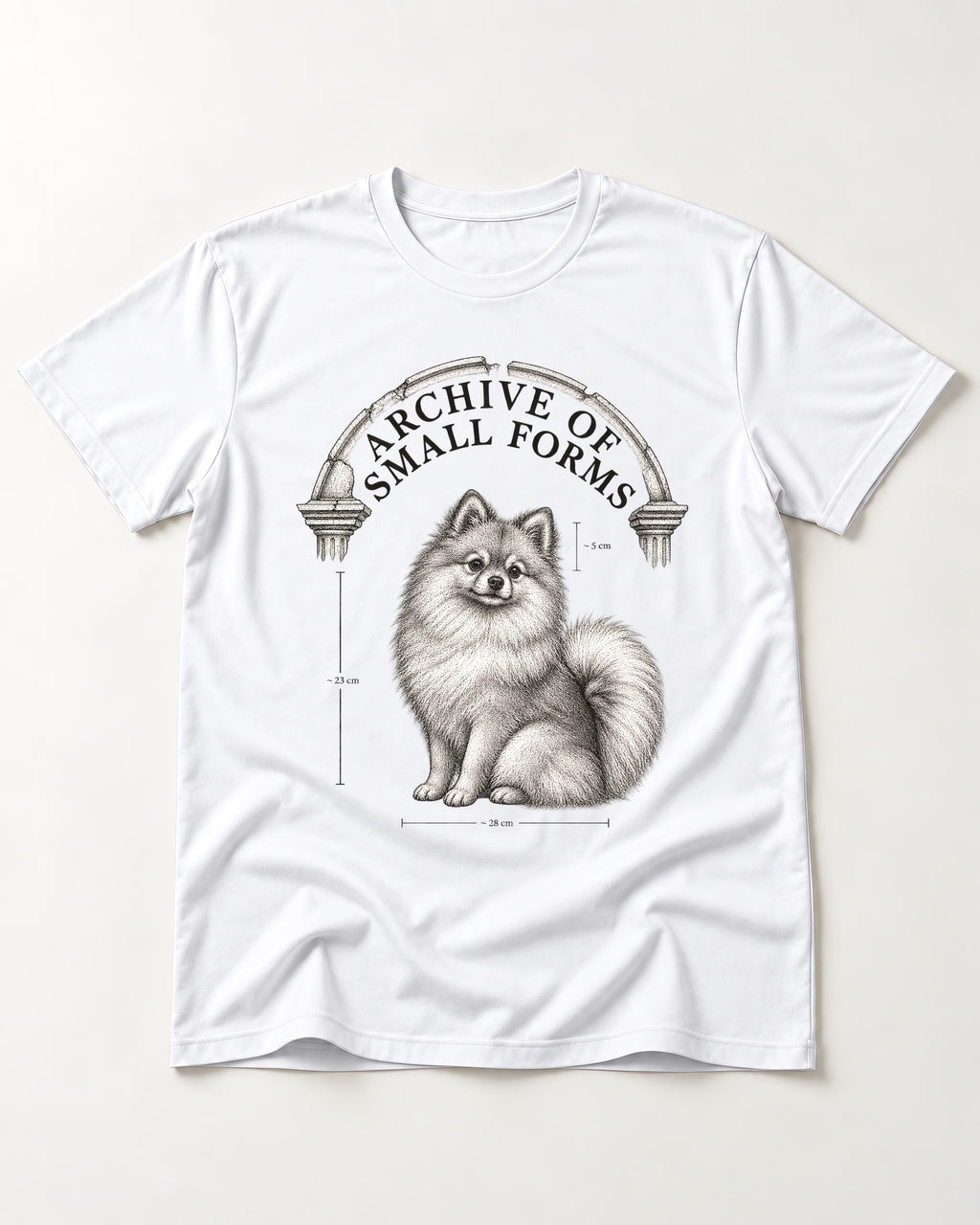 Pomeranian Archive of Small Forms T-Shirt in White, flat lay product photo